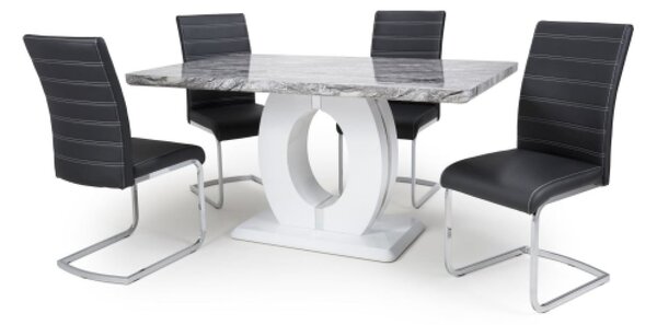 Naiva Grey Gloss Marble Dining Table With 4 Conary Black Chairs