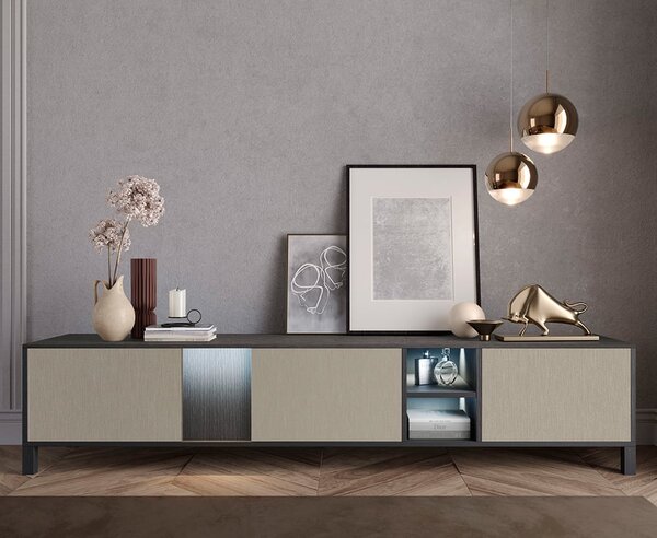 Venice High Gloss TV Sideboard With 3 Doors In Champagne And LED