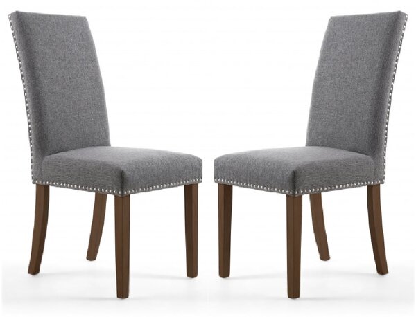 Rabat Steel Grey Fabric Dining Chairs With Walnut Legs In Pair