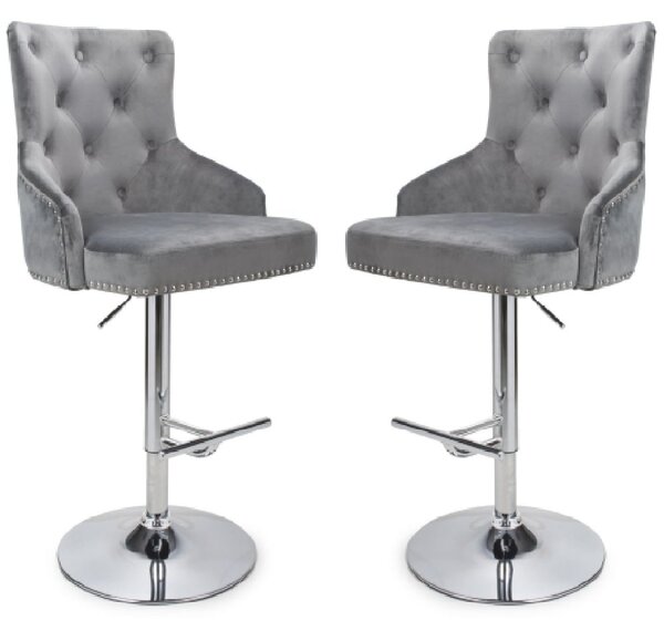 Rivne Grey Velvet Bar Stools With Chrome Base In Pair