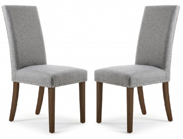 Rabat Silver Grey Fabric Dining Chairs With Walnut Legs In Pair