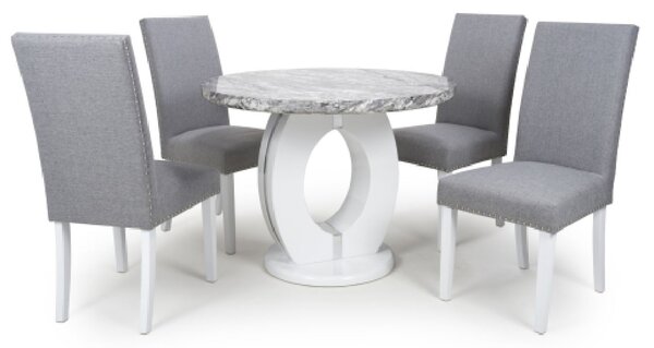 Naiva Grey Marble Round Dining Table 4 Rabat Silver Grey Chairs