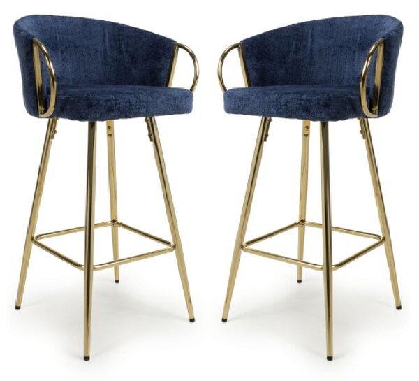 Visalia Blue Fabric Bar Stools With Gold Legs In Pair