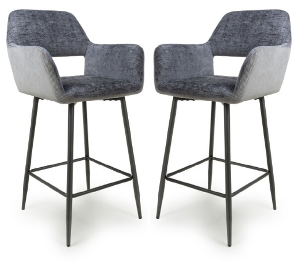 Safford Blue And Grey Fabric Bar Chairs With Black Legs In Pair