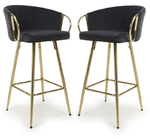 Visalia Black Velvet Bar Stools With Gold Legs In Pair