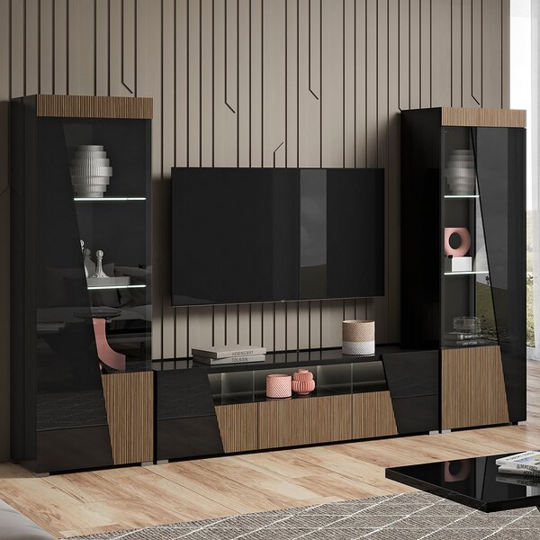 Enna Living Room Set With Display Cabinet In Gloss Black And LED