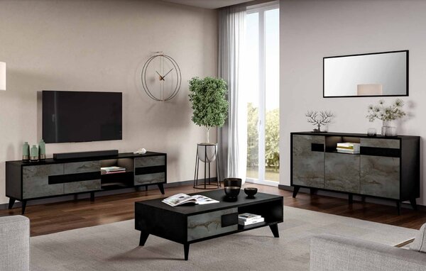 Laax Living Room Set With Sideboard In Black Oxide And LED