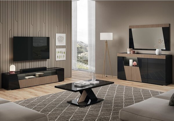 Enna Living Room Set With Sideboard In Gloss Black And LED