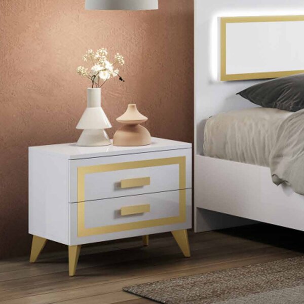 Geneva High Gloss Bedside Cabinet In White And Gold