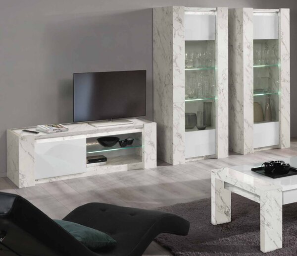 Attoria Living Room Set With Display Cabinet In White And LED