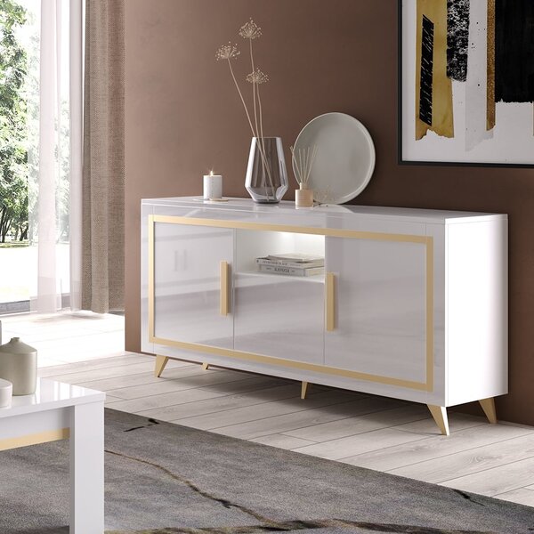 Geneva High Gloss Sideboard 3 Doors In White And Gold With LED