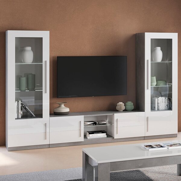 Breta Living Room Set With Display Cabinet In White Grey And LED