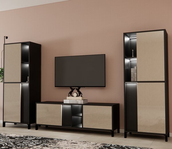 Venice Living Room Set With Display Cabinet In Champagne And LED