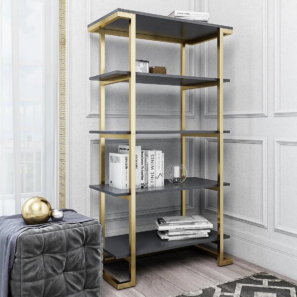 Calgary Wooden Bookcase With Gold Metal Frame In Graphite Grey