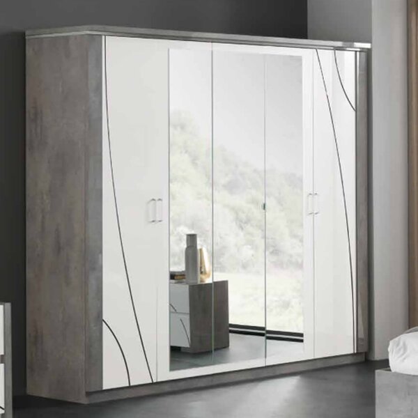 Namilon LED Mirrored Wardrobe 5 Doors In Gloss White Grey Marble