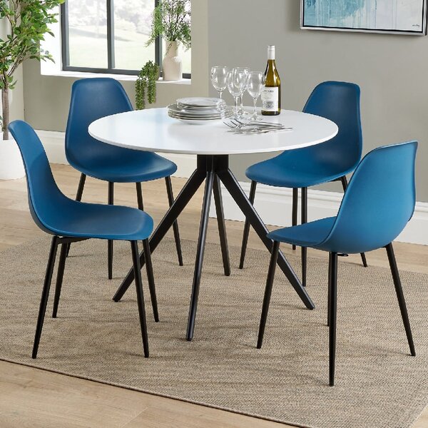 Arta Round White Wooden Dining Table 4 Duo Plastic Blue Chairs