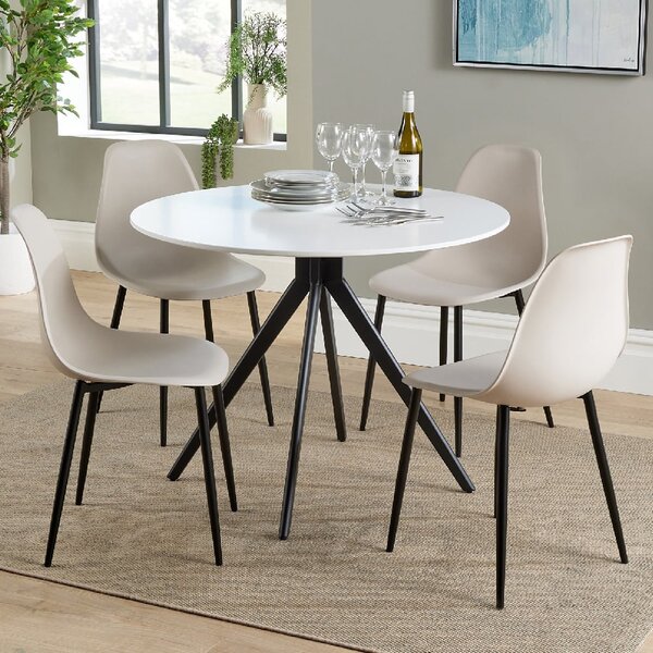 Arta Round White Wooden Dining Table 4 Duo Plastic Calico Chairs