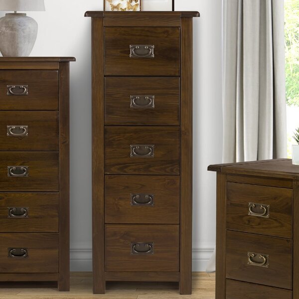 Birtley Wooden Tall Chest Of 5 Drawers In Dark Brown