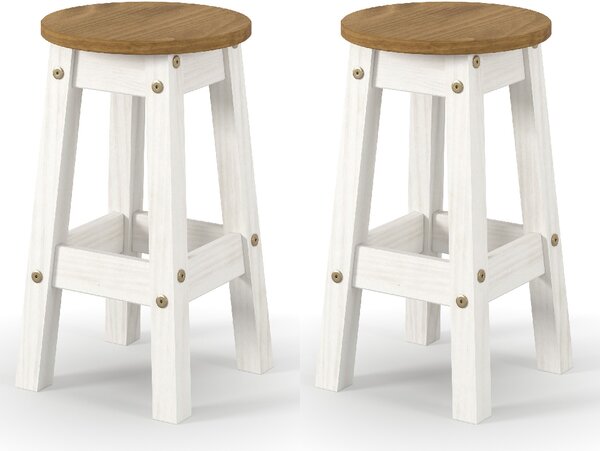 Consett White And Oak Round Wooden Bar Stools In Pair