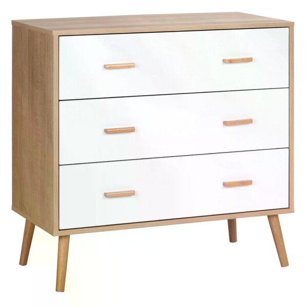 HOMCOM Modern Chest of Drawers, 3-Drawer Bedroom Storage Cabinet, White and Natural Wood Finish