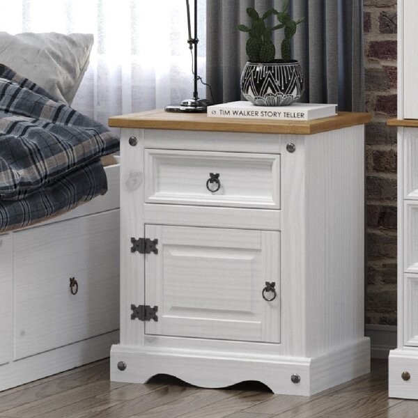 Consett Wooden Bedside Cabinet With 1 Door 1 Drawer In White Oak