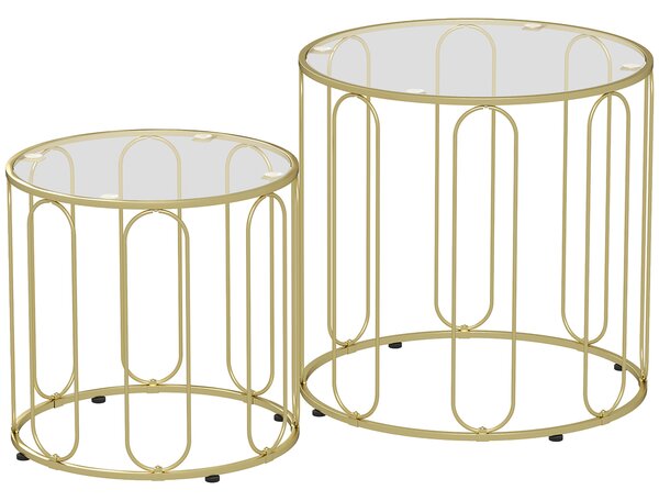 HOMCOM Round Coffee Table Set of 2, Glass Nest of Tables with Metal Frame and Tempered Glass Tabletop, Modern Side Tables for Living Room, Gold Tone