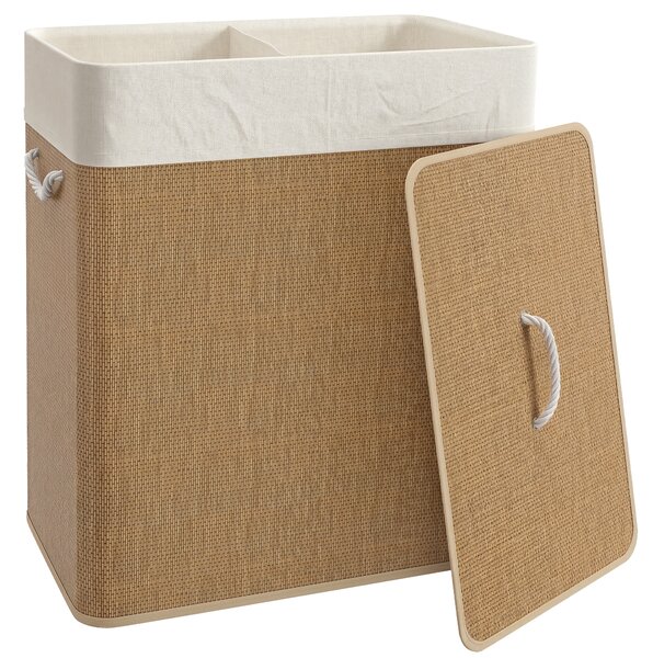 HOMCOM Double Laundry Basket with Lid, 100L Bamboo Laundry Hamper with Rope Handles, Washing Basket with Removable Liner for Bathroom, Bedroom, Brown
