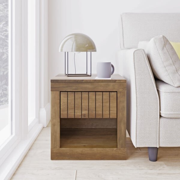 Clive Wooden Lamp Table With 1 Drawer In Knotty Oak