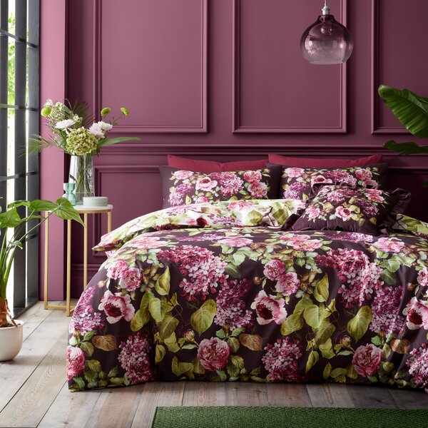 Royal Horticultural Society Pia Floral Reversible Duvet Cover Bedding Set Plum