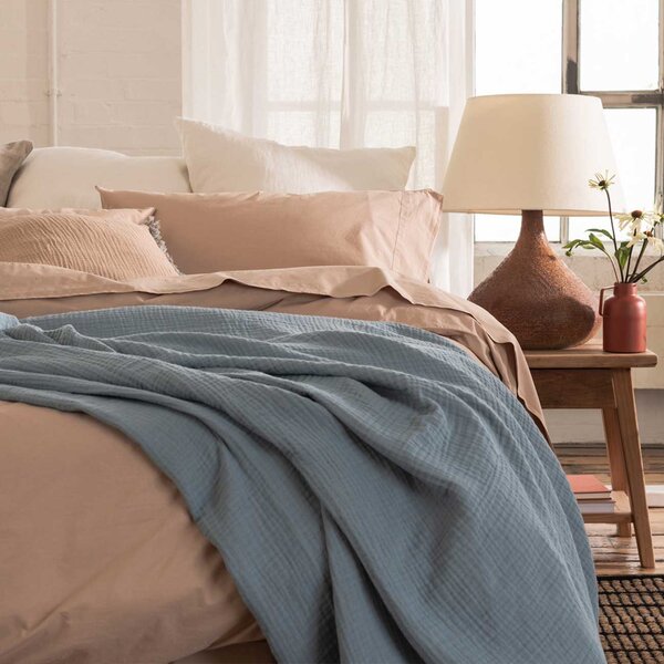 Piglet Warm Blue & Cafe au Lait Textured Cotton Throw Blanket Size 150 x 200cm