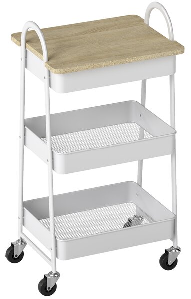 HOMCOM 3-Tier Kitchen Storage Trolley with on Wheels Cover Top Board - White and Oak