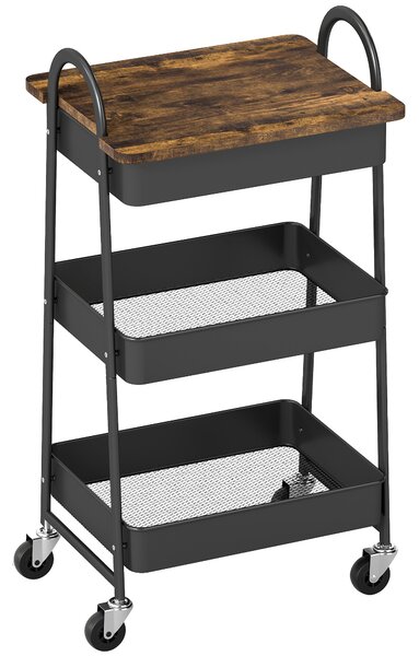 HOMCOM 3-Tier Kitchen Storage Trolley with on Wheels Cover Top Board - Rustic Brown and Black