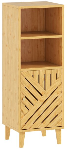 HOMCOM Slim Bathroom Cabinet with Bamboo Door and Legs, Narrow Bathroom Storage Cabinet, Freestanding Storage Cupboard with Open Compartments, 32 x 30 x 90 cm, Natural Wood Finish