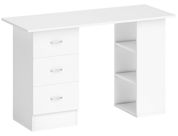 HOMCOM Computer Desk, Writing Table, PC Workstation with 3 Storage Shelves and Drawers, Silver Handle, for Home Office, White