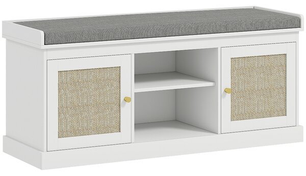 HOMCOM Boho Shoe Storage Bench with Padded Cushion and Rattan Doors - White