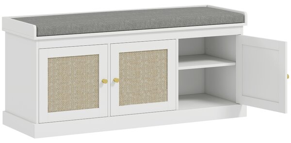 HOMCOM Shoe Storage Bench with Woven Rattan Doors, Seat - White