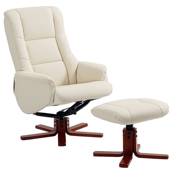 HOMCOM Rocking Recliner Chair with Footstool, PU Leather Recliner Armchair with Wood Base, Upholstered Reclining Chair for Living Room Bedroom, Cream