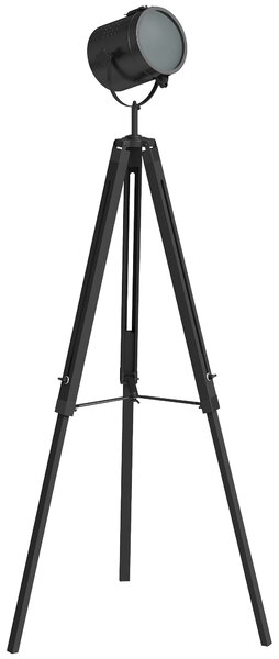 HOMCOM Industrial Tripod Floor Lamp, Nautical Searchlight with Adjustable Height, Wood Legs, E14 Lamp Base for Living Room, Bedroom, Black