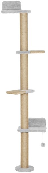 PawHut Wall Mounted Cat Shelves, Cat Climbing Wall with 4 Climbing Platforms, Jute Scratching Post and Toy Ball,180cm Tall, Light Grey