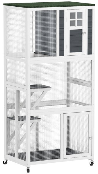 PawHut Wooden Catio Cat Outdoor Enclosure, Cat Cage with Waterproof Roof, Platforms, for Multiple Cats, White