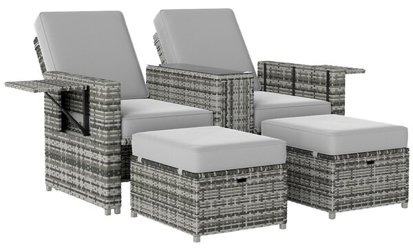 Outsunny Rattan Sun Lounger w/ Storage Tea Table & Footstools, Grey