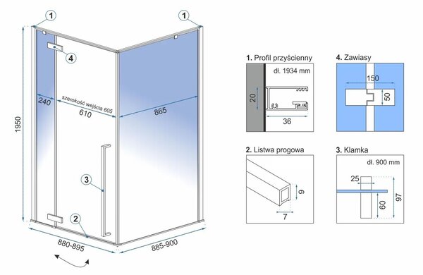 Square shower enclouser Fargo 90x90 Gold