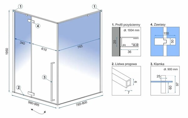 Square shower enclouser Fargo 100x80 Gold