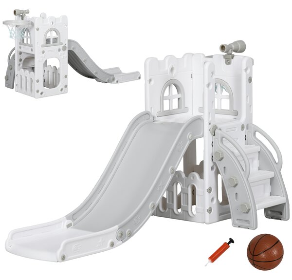 AIYAPLAY 4 in 1 Toddler Slide with Basketball Hoop, Climber, Telescope, Storage Basket, for Ages 1-3 Years, Grey