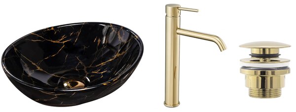 Set Countertop washbasin Sofia marble black + Bathroom faucet Lungo gold + Plug uniwersalny gold