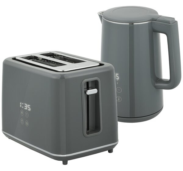 HOMCOM Digital Kettle and Toaster Set, 1.5L 3000W Fast Boil Kettle, 2 Slice Toaster Kitchen Set with 7 Level Browning Controls, Defrost, Reheat, Keep Warm, Crumb Tray and LED Touch Display, Grey