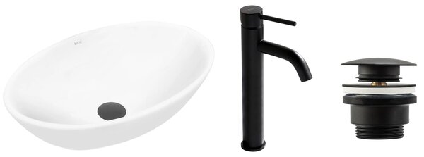 Set Countertop washbasin Pamela white + Bathroom faucet Lungo black matt + Plug uniwersalny black matt