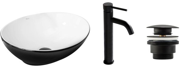 Set Countertop washbasin Sofia black white + Bathroom faucet Lungo black matt + Plug uniwersalny black matt