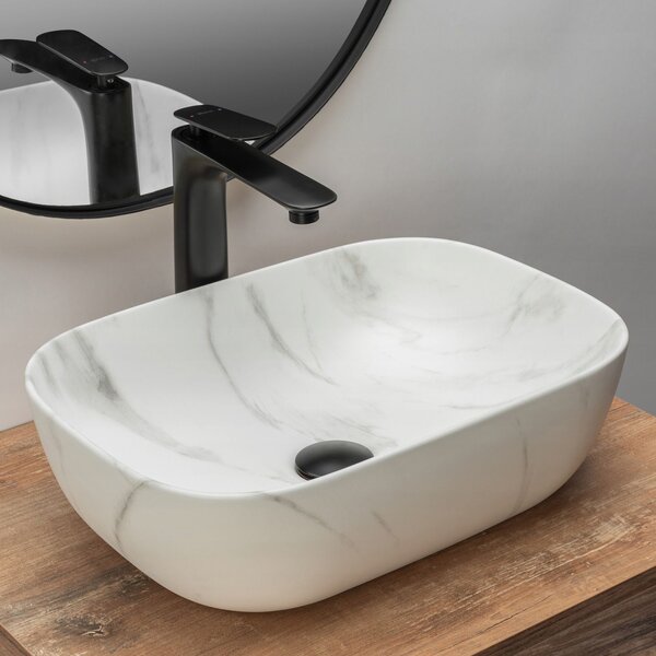 Set Countertop washbasin Belinda marble matt + Bathroom faucet Mayson black matt + Plug uniwersalny black matt