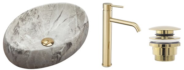 Set Countertop washbasin Linda stone + Bathroom faucet Lungo gold + Plug uniwersalny gold